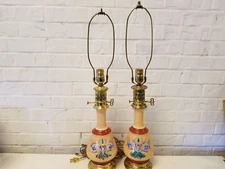 Vintage Porcelain and Brass Hand Painted Set of 2 Table Lamps with Floral Dec.