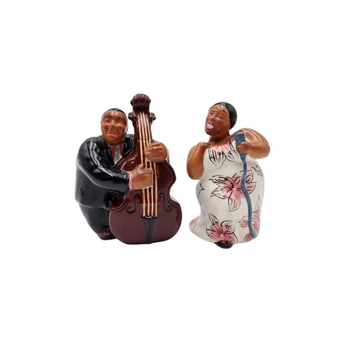 VTG Clay Art Jazz Diva & Bass Player Ceramic Salt and Pepper Set Black Americana