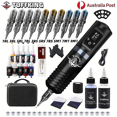 TUFFKING Tattoo Machine Kit Pen Gun Wireless Rotary Motor Needle Color Inks Set