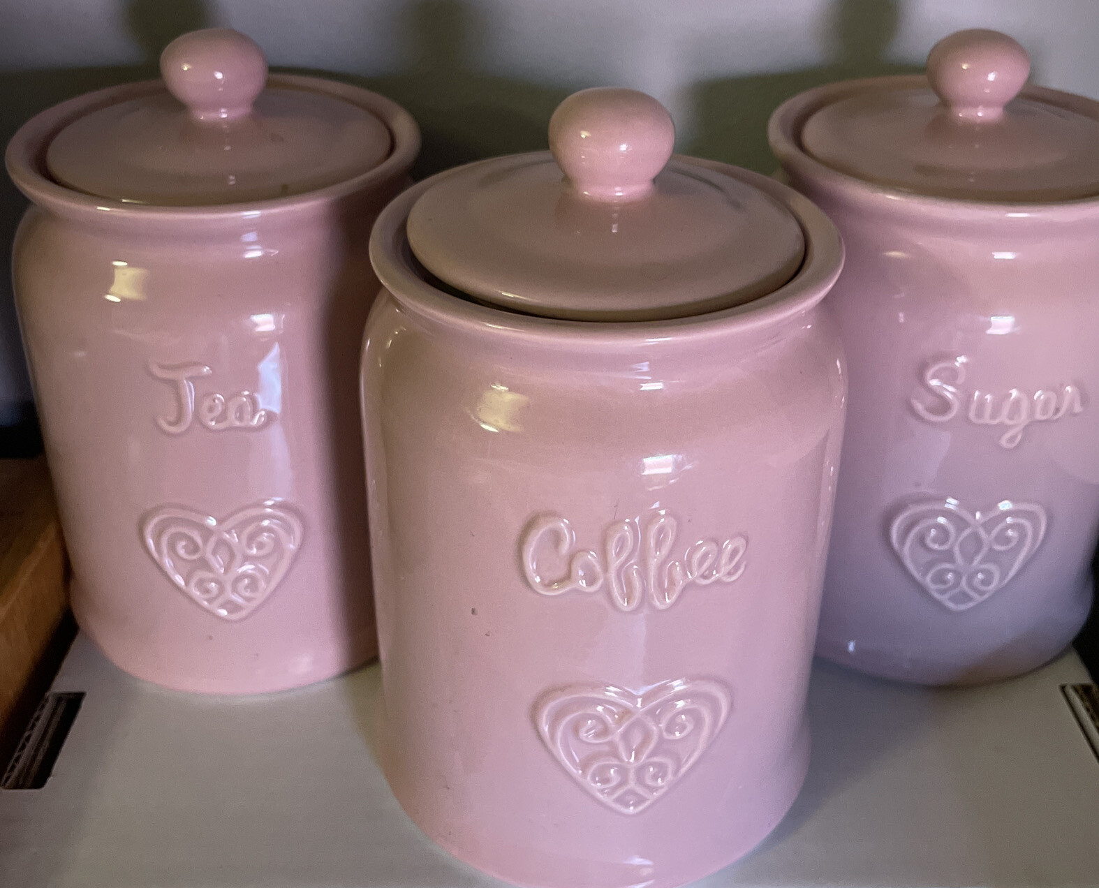 Pink Embossed Heart Design Tea Coffee Sugar Containers