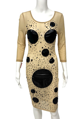 Women's Bodycon sheer dress 3/4 sleeve polka Dot stones embroidery size M