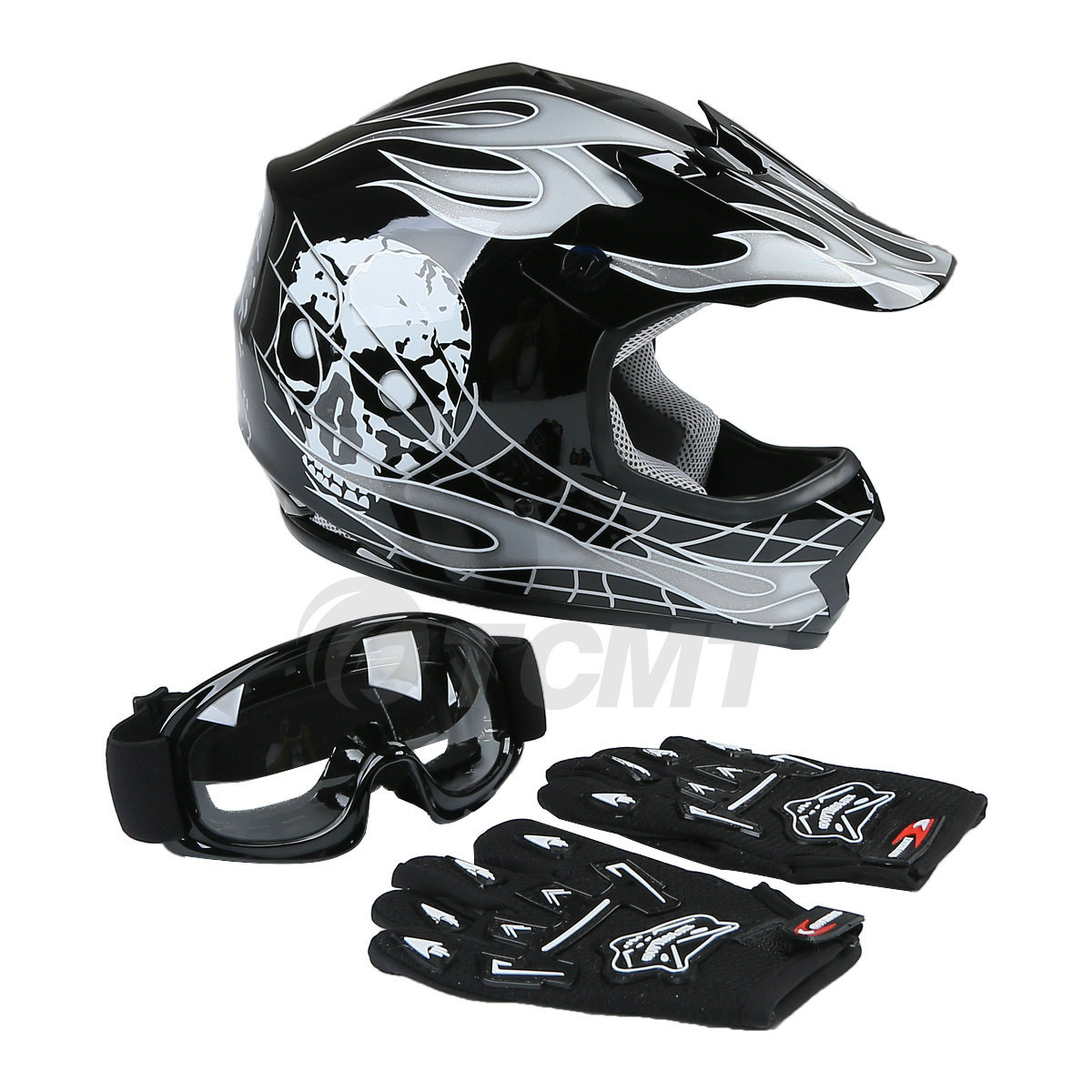 Youth Kids ATV Motocross Dirt Bike Black Skull Helmet w/ Goggles+Gloves