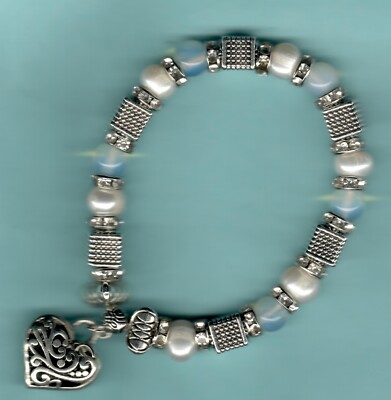 Brighton Pearl/Opal/silver/CZ stretch bracelet with Contempo/Leafy heart  charm