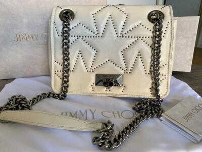 Jimmy Choo Helia White Leather Shoulder Bag with Star Studs,