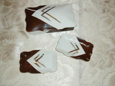 Art Deco Ceramic Cigarette Box With 2 Ashtrays Geometric Design Brown White Gold