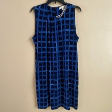 Michael Kors Size L Navy Blue Windowpane Plaid Silver Accent Shift Dress Work