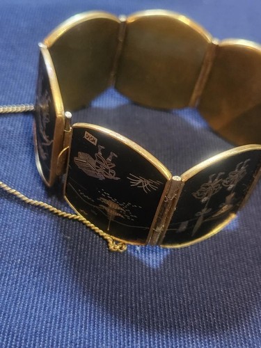 Vintage Damascene Arched Panel Bracelet w/Japanese Scenes + Safety Chain
