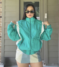 Vintage Holloway Windbreaker Jacket Mens L Turquoise White Full Zip Nylon 90s US