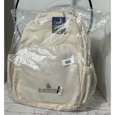 Open Story Canvas Backpack Beige Clear Front Pocket Adjustable Straps New