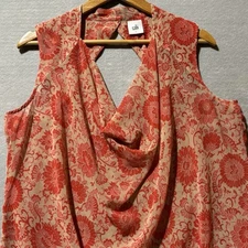 CABI Blouse Sz L Red Floral Vita Sleeveless Cut Out Back Sheer Cowl Neck Boho