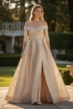 Rickie Freeman For Teri Jon New Off Shoulder Jacquard Gown In Ivory Gold Size 12