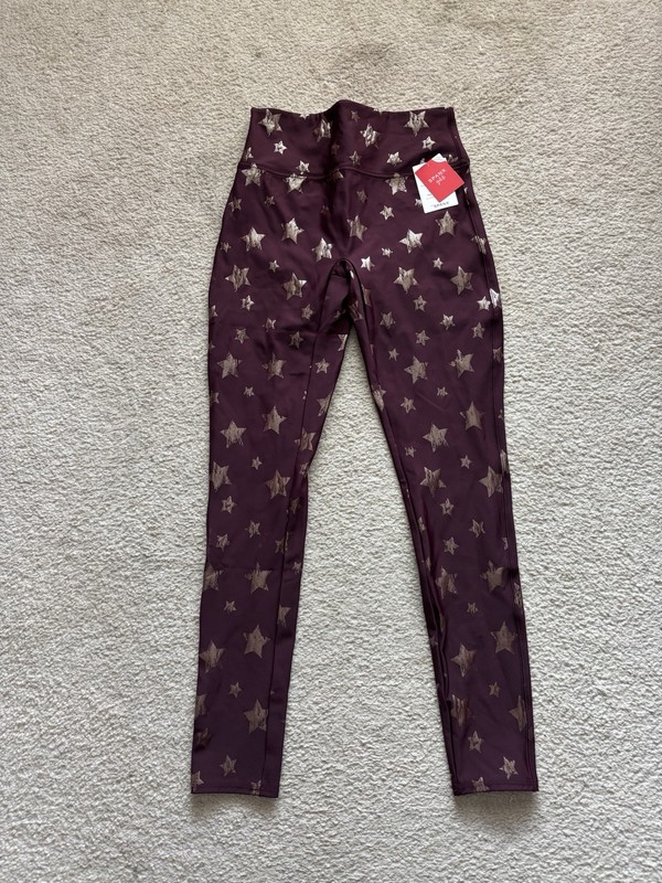 Spanx Girls Faux Leather Leggings Size XL Burgundy Rose Gold Star Print NWT