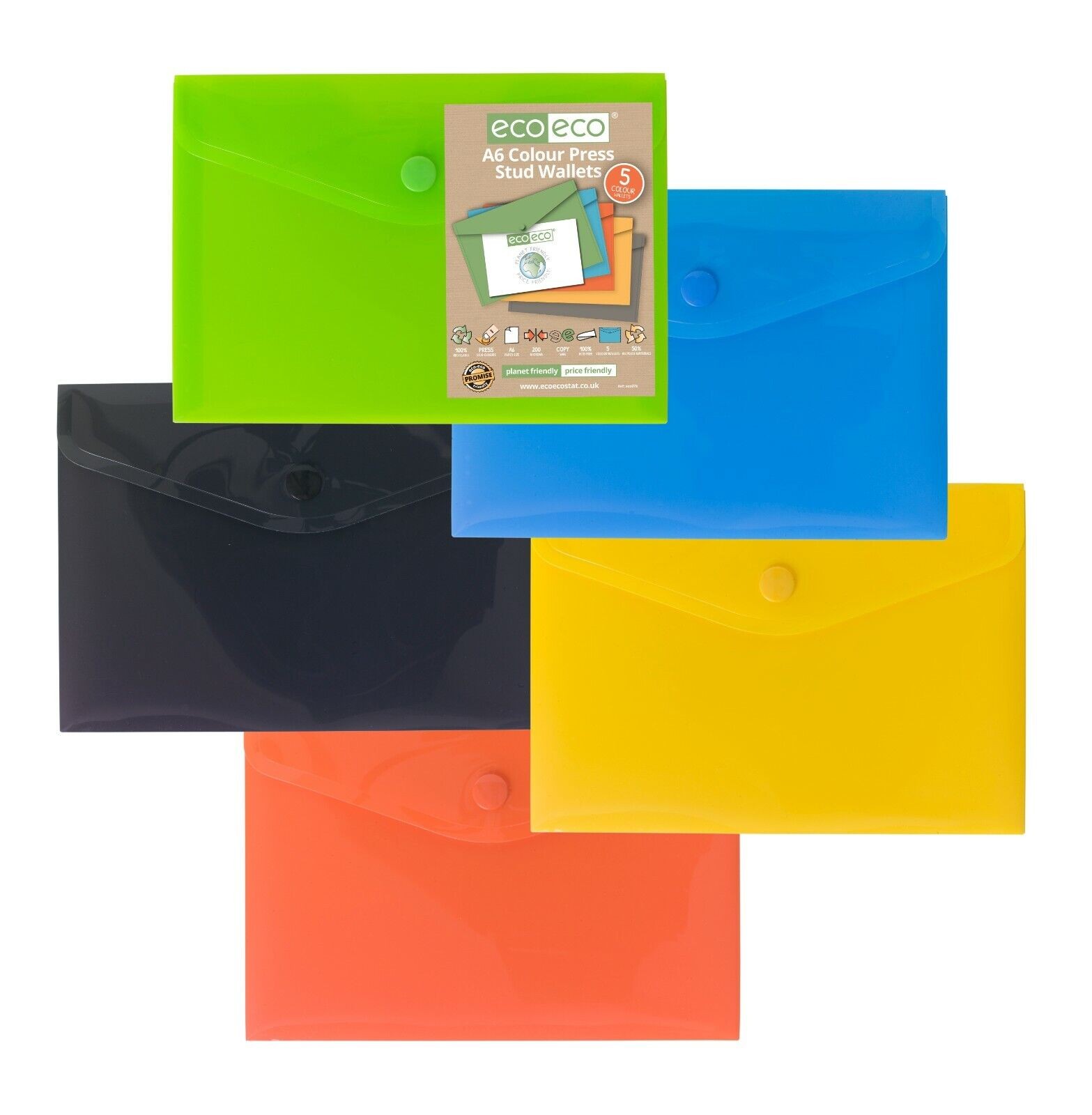 eco eco A6 Stud Wallets 5 Pack 50% Recycled Assorted Colours Folders Document X2