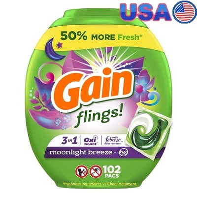 Flings Laundry Detergent Pacs OxiBoost Odor Defense Moonlight Breeze 102 Count