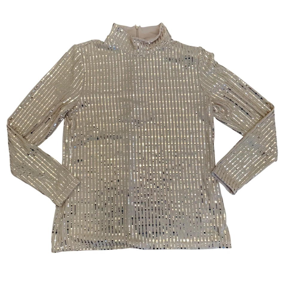 Anne Klein Sequin Mock Neck Top Gold Metallic Long Sleeve Stretch Blouse Size S - Image 3 of 4
