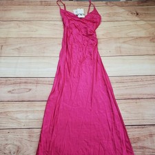 Zara Dress Womens Small Pink Maxi Satin Slip Ruched Spaghetti Strap Viscose New