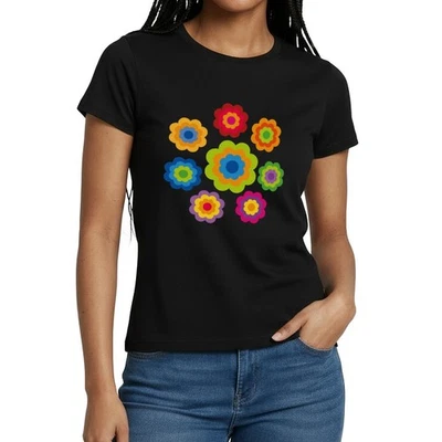 70er Jahre Hippie Flower Power Kostüm Blumen Fasching Frauen T-Shirt - Bild 1 von 4
