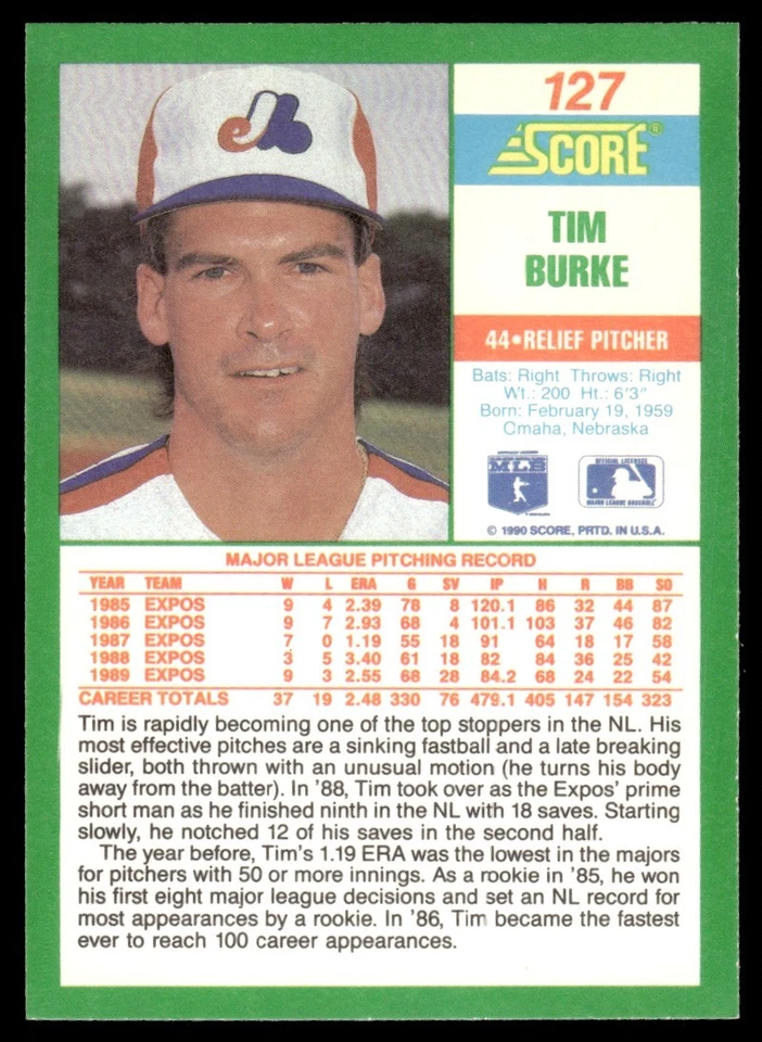 1990 Score Tim Burke Montreal Expos #127 - Image 2 of 2