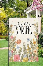 Garden Flag Hello Spring 12x18in Burlap Double-sided Floral