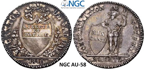 NGC 1810 Switzerland Vaud AU-58 1/2 Thaler = 20 Batzen Silver Coin aUnc Rare