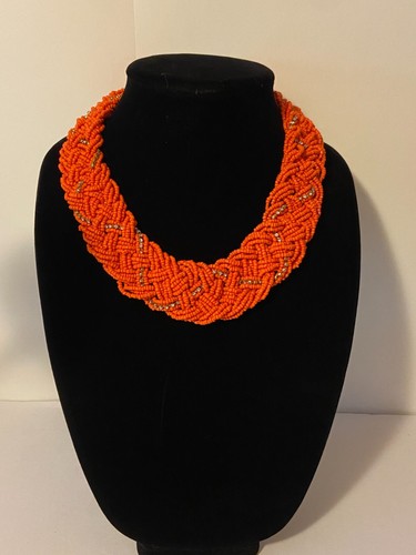 Vintage fett orange Samen Perle & Strass geflochten gewebte Halskette Statement