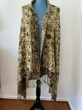 PASHMINA Silk Tan Brown Paisley Fringed Edge Wrap Scarf 