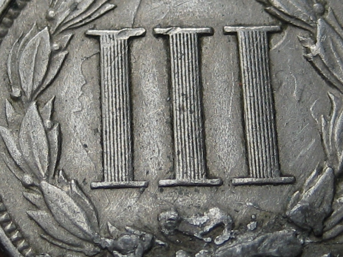 あっしゅ3 1865 Three 3 Cent Nickel- VF/XF Details- Reverse Brockage