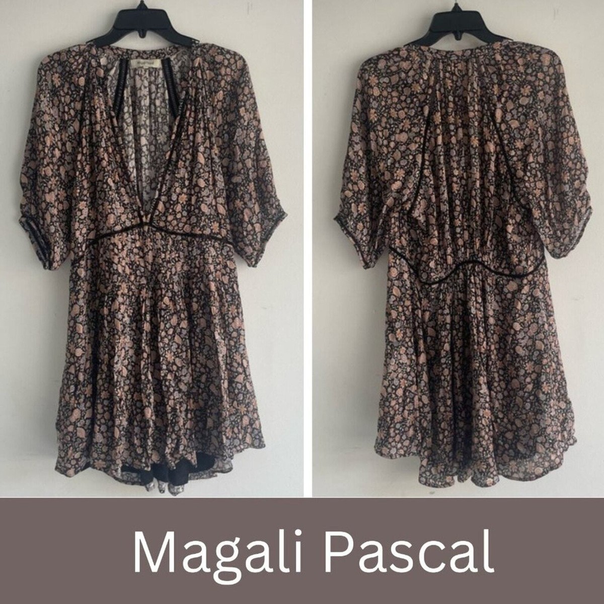 Magali Pascal Bali Black Floral Print Lattice Trim Mini Dress