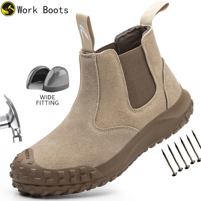 Men Cow Suede Safety Work Steel Toe Boots Welding Shoes Slip-on Lightweight