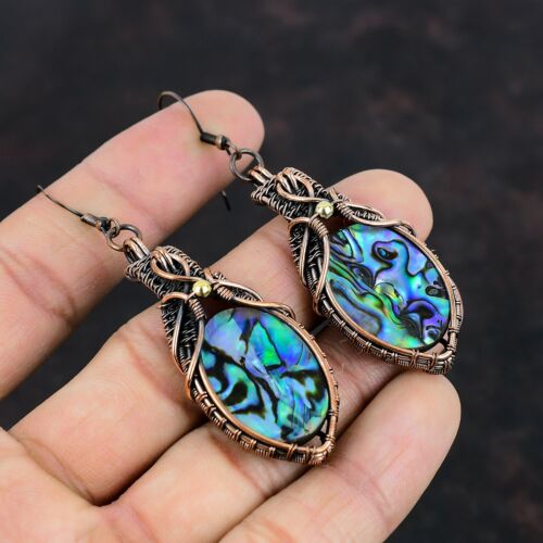 Abalone Shell Copper Valentine Gift Wire Wrapped Drop/Dangle Earrings 2.99" - Picture 1 of 6