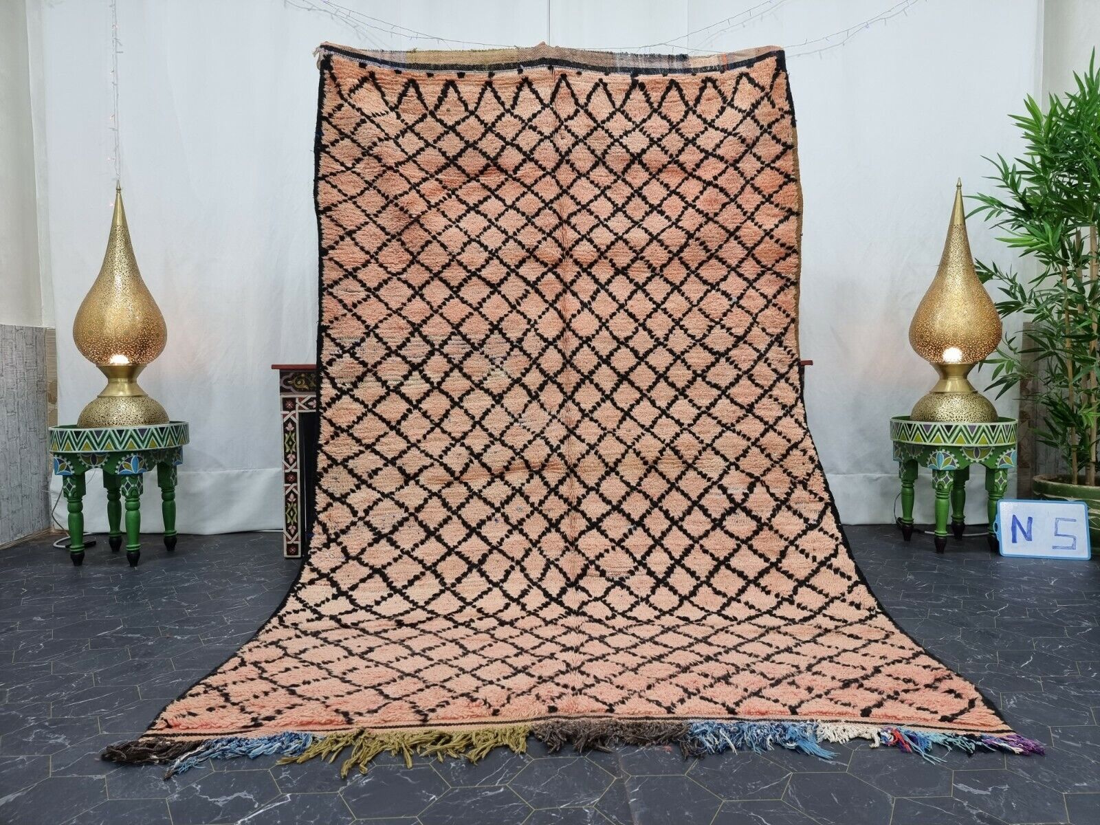 Moroccan Handmade Vintage Rug 5'x8' Berber Geometric Beige Black Wool Rug