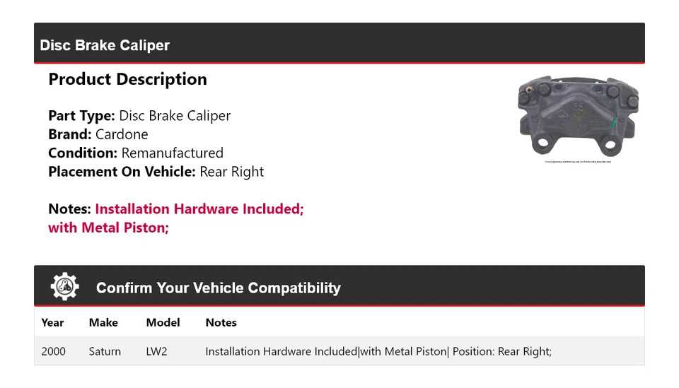 Pinza de freno de disco trasera derecha Cardone Saturn LW2 2000 Foto 2 de 4