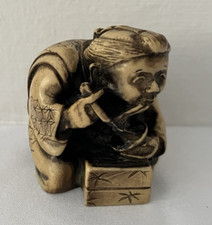 KNEELING MAN EATING FROM BOWL netsuke solid C...