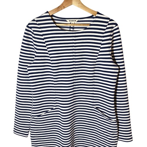 Boden Ellen Ottoman Dress 10L Ribbed Stretch Navy White Pockets Coastal Nautical - Picture 3 of 8