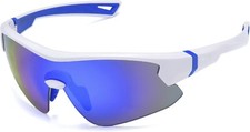 Youth Baseball Sunglasses for Boys, UV400 Girls Shiny White Frame Blue Revo