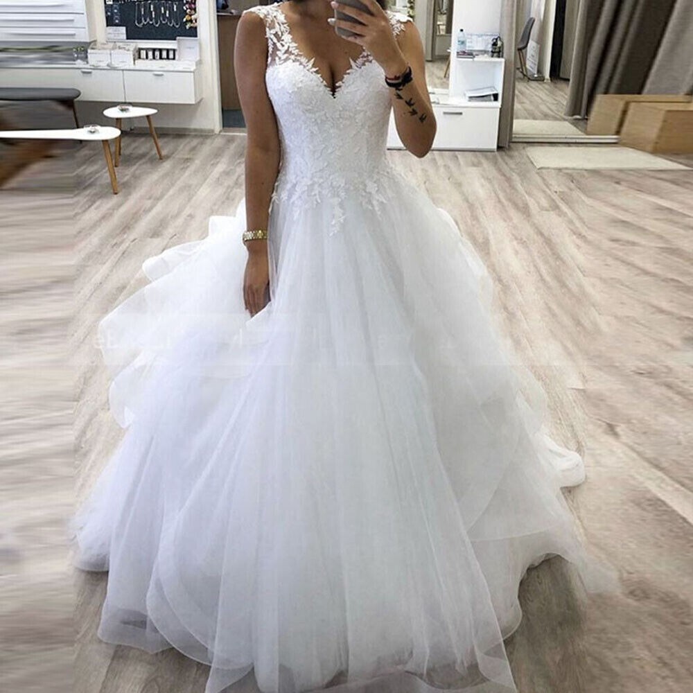 Beach Simple Lace Appliques Wedding Dresses V Neck Princess Bridal Gowns  Custom | eBay