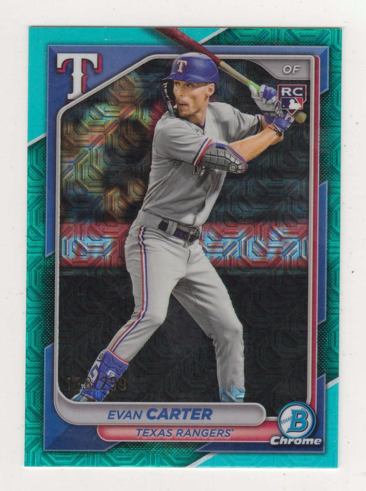 2024 Bowman Chrome Evan Carter #65 Mega Box Aqua Refractor 138/299 RC Rangers