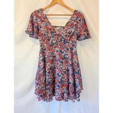 Japna Women Red Blue Floral V-Neck Smocked Back Ruffle Mini Dress M fem flirty