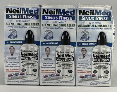NeilMed Sinus Rinse (3 x) 8oz Squeeze Bottle + 1 Premixed Packet EXP 2029 Mehta