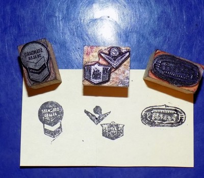 Lot Vintage Wood & Metal Printers Blocks - Standard Oil, Chrysler & Unknown