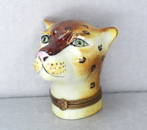 RARE Vtg LIMOGES Trinket Box Chamart Porcelain Leopard Cheetah Head Face Figure