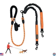 Double Dogs Leash - Extra Long Reflective Bungee Coupler, No-Tangle Splitter