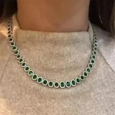 21CT Oval Cut Lab Created Emerald Women's Tennis Necklace 14K White Gold Finish
