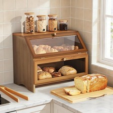 Image of 2‑Layer Bamboo Bread Bin with Cutting Board & Tongs Clear Window Brown