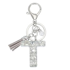 Initial Letter Keychain with Tassel Alphabet Letter T Keyring Silver