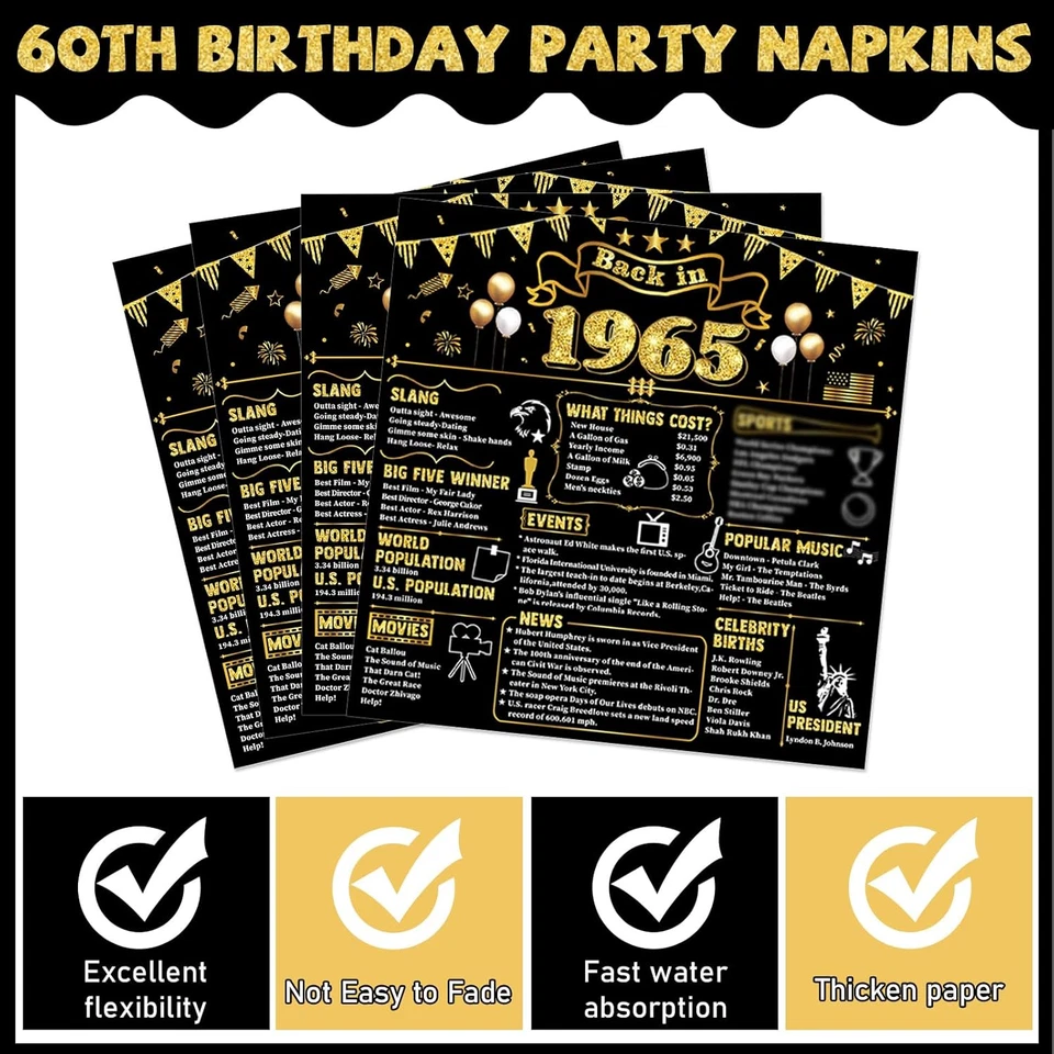96 piezas platos y servilletas de cumpleaños 60 en 1965 decoraciones de fiesta oro negro Foto 4 de 4