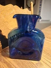 BLENKO 2000 Etched Signed Cobalt BLue Glass Water Pitcher - Double Spout