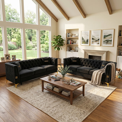FX-P83-2PC SOFA -BK4  Black Velvet Sofa Set of 2,Two Modern 3-Seater Sofas with