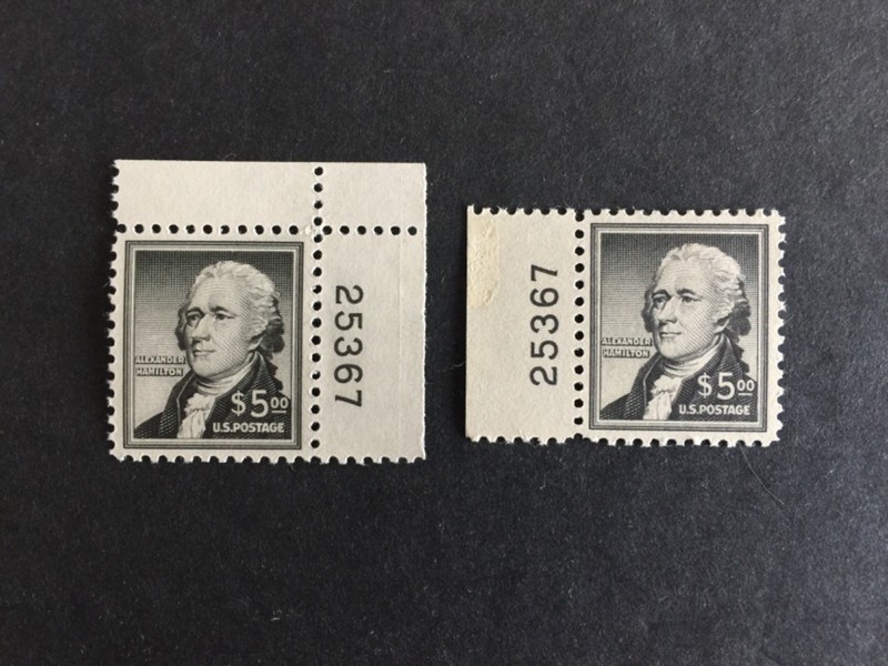 US STAMPS SC# 1053 Plate # Singles of $5.00 Alexander Hamilton Full corner MNH-L
