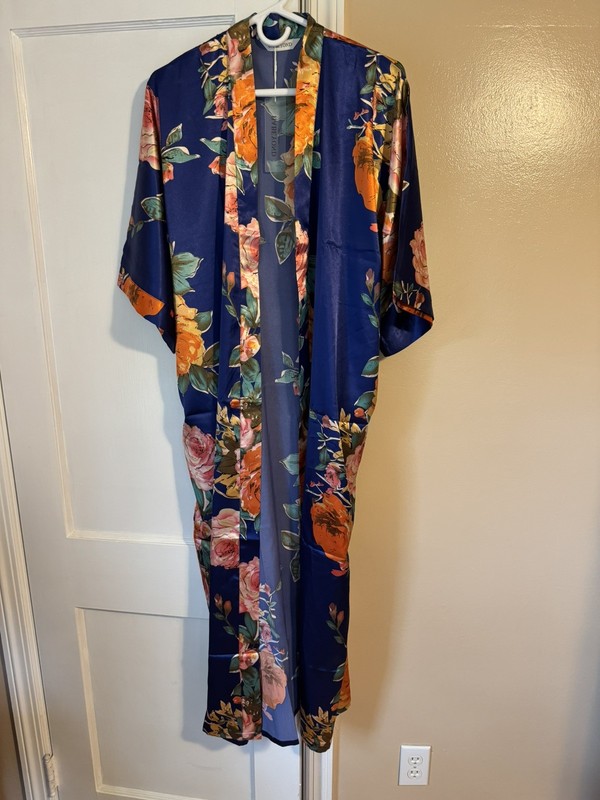 Babeyond Satin Navy Kimono Long Robe Floral Pink Flowers Lounge